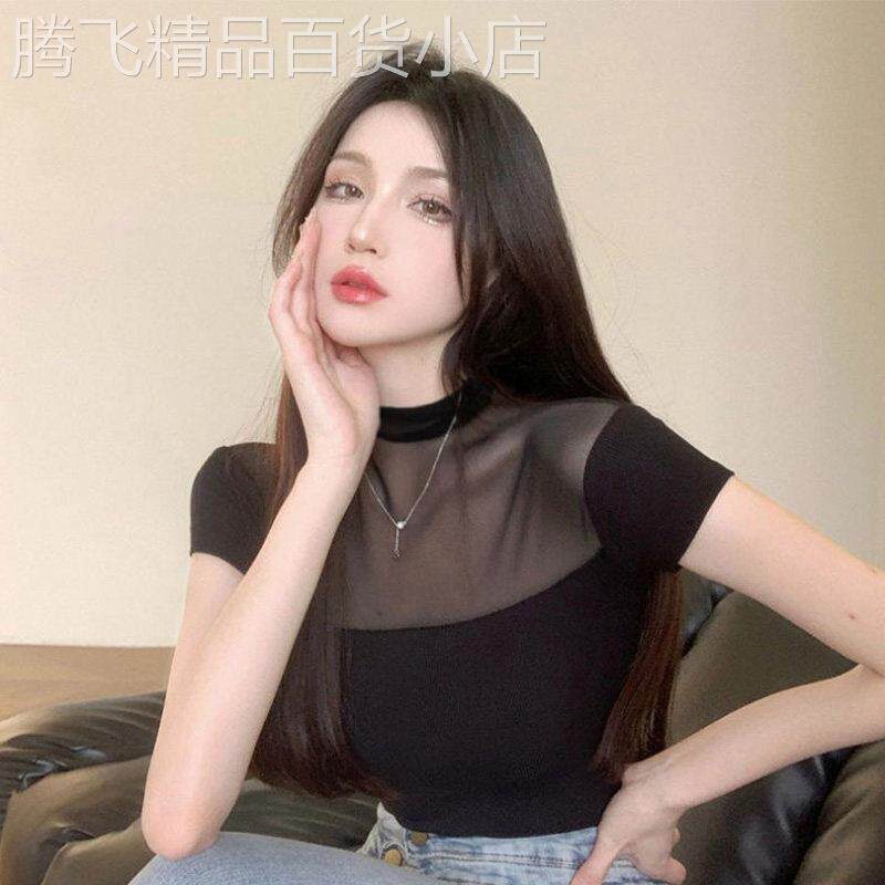 网纱拼接短袖t恤女韩版时尚蕾丝纯欲女装夏季辣妹小众黑色上衣潮