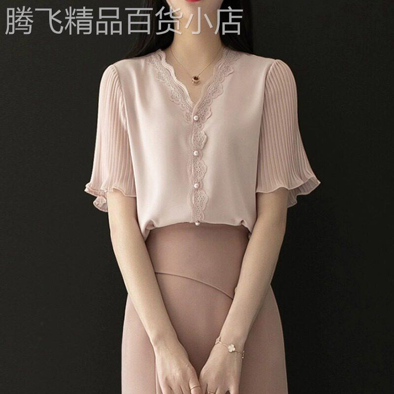 V领短袖雪纺衬衫女夏季2026年新款设计感小众蕾丝工作服衬衣上衣
