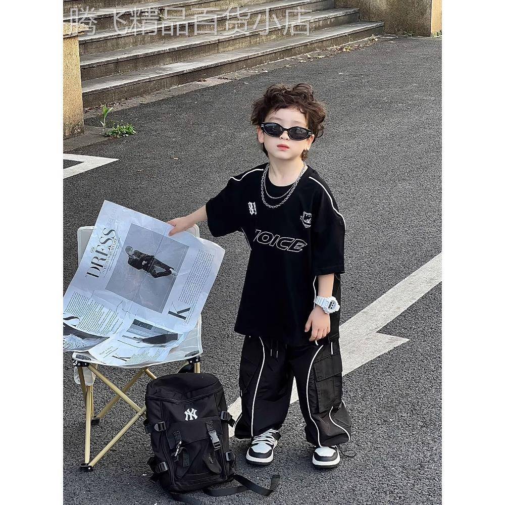 法国Uamtor男童套装2025年夏季新款酷帅运动服街舞机车黑色T恤