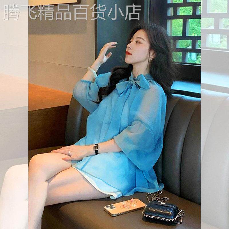 法式蓝色雪纺长袖衬衫女夏季独特别致设计感高级小众宽松防晒上衣
