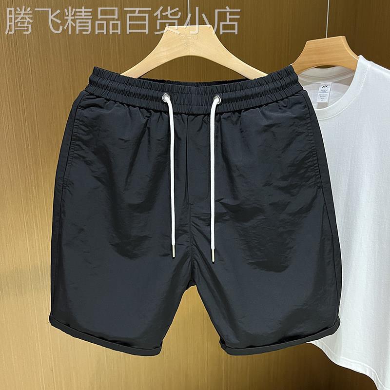 高品质夏季休闲五分裤男士宽松短裤直筒韩版潮流外穿纯黑色沙滩裤