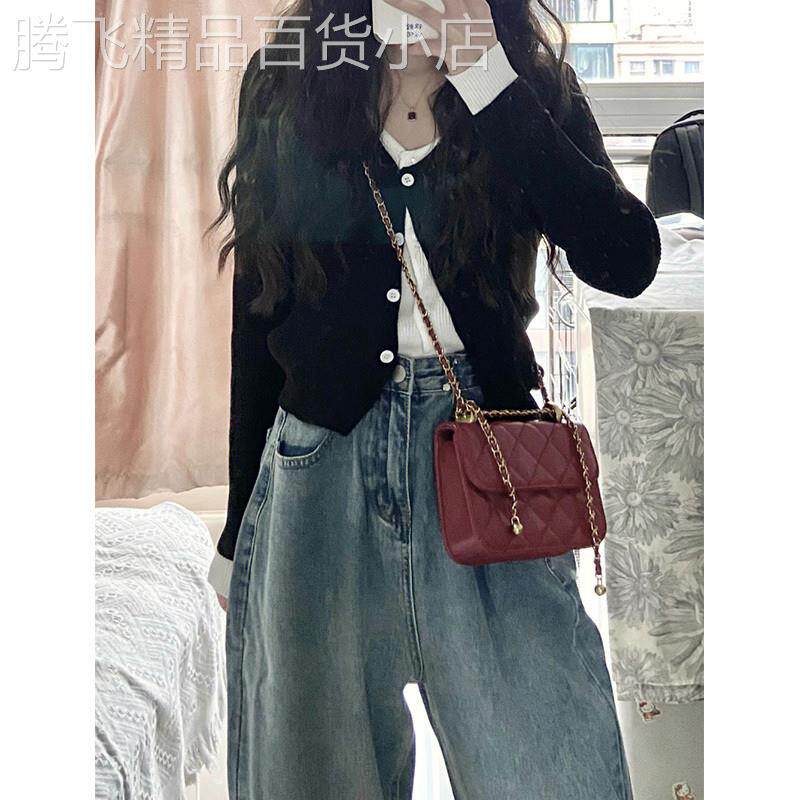 黑色V领假两件针织开衫女秋冬2026新款外搭叠穿上衣短款毛衣外套