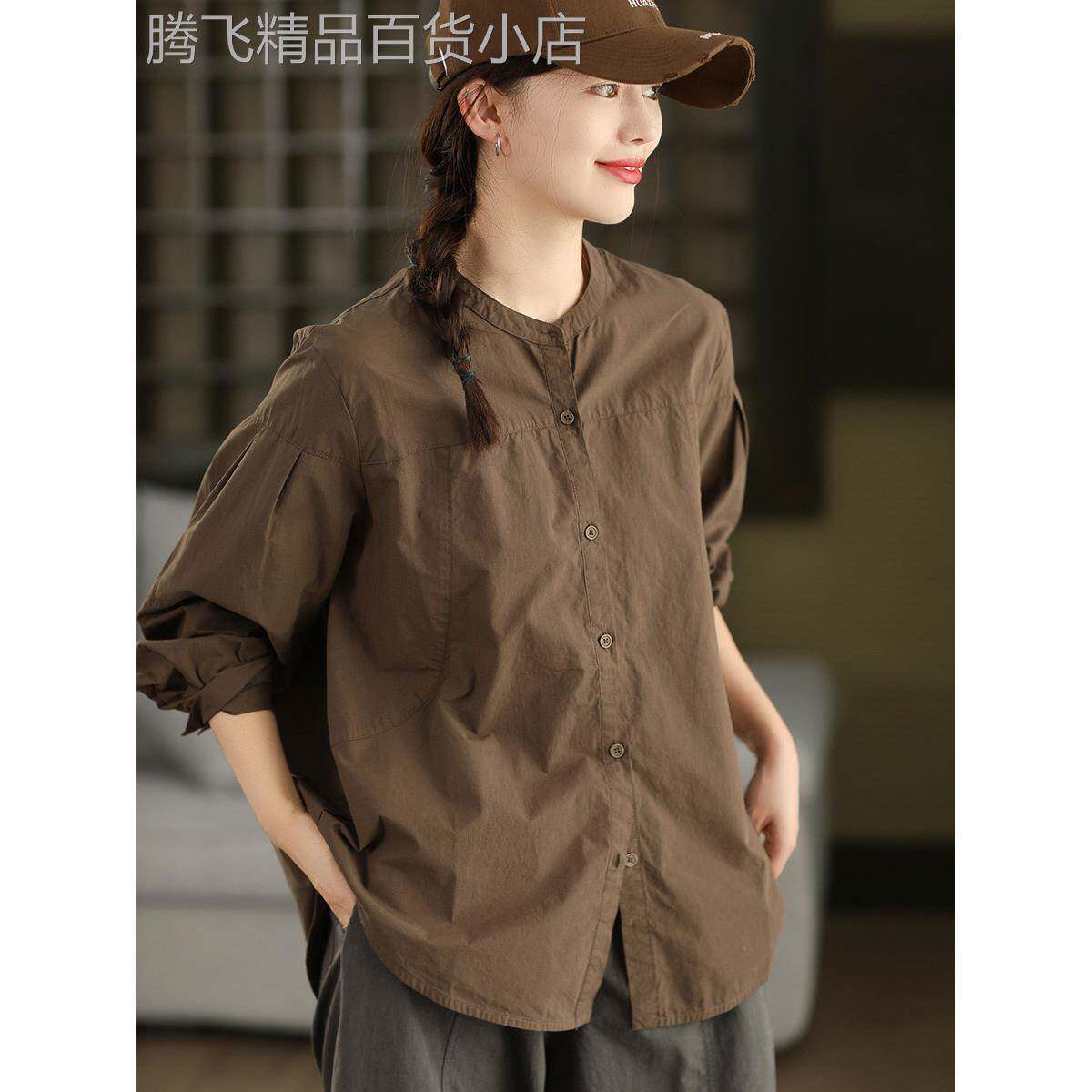 覆古纯棉长袖衬衫女春秋季2025年新款廓形显瘦衬衣纯色圆领上衣女