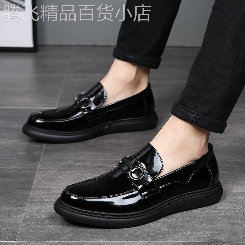 秋季男士豆豆鞋真皮内增高漆皮亮面休闲皮鞋一脚蹬厚底乐福鞋子潮