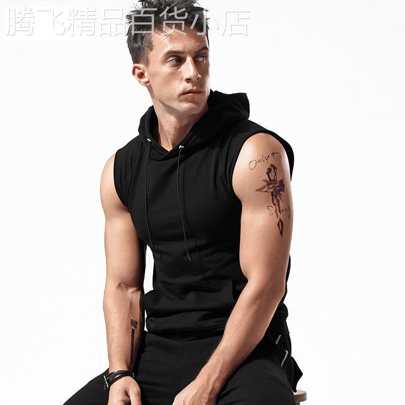 无袖t恤男夏季修身运动健身连帽背心美式潮流纯棉坎肩无袖体恤衫