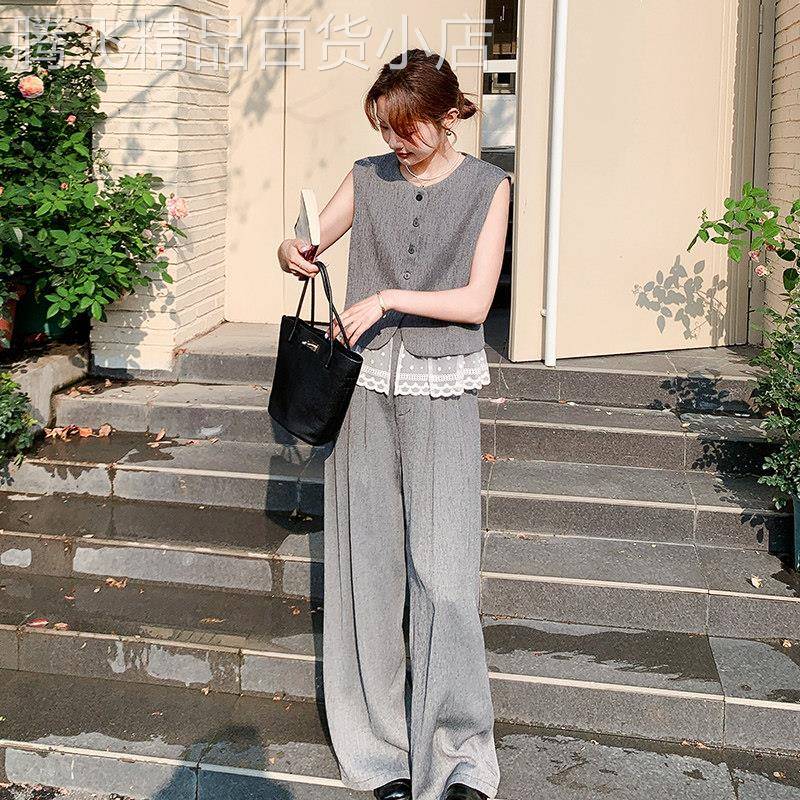 灰色高级感西装马甲套装女2026新款夏季韩系穿搭轻熟风裤子两件套