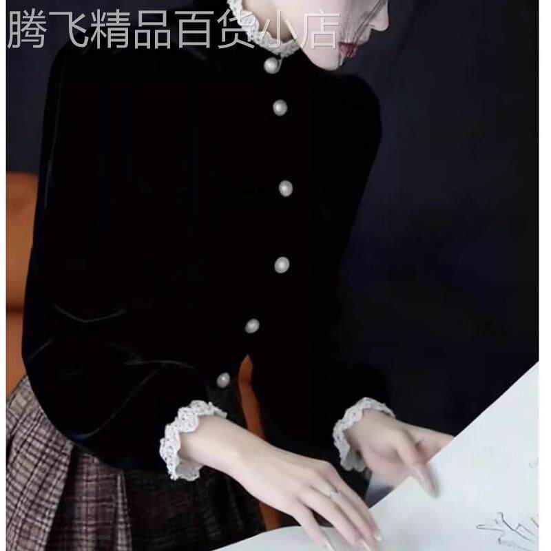 高级感优雅绝美黑色立领长袖丝绒衬衫女秋冬欧货洋气百搭显瘦上衣