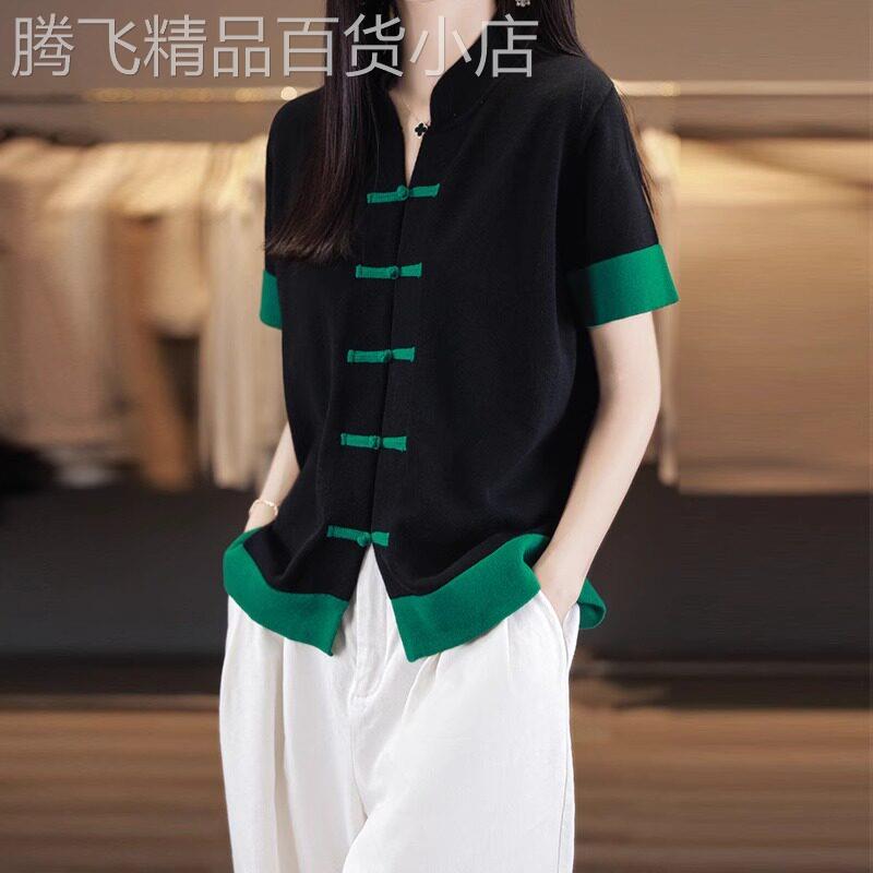 复古圆领短袖T恤女夏季新款中式国风盘扣立领拼色女士开衫上衣薄