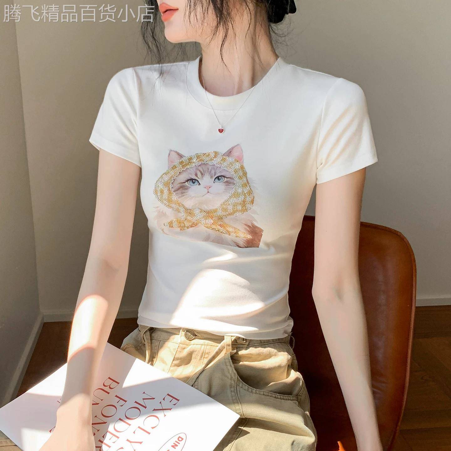 韩版圆领可爱猫咪烫钻印花正肩短袖T恤女生夏季修身显瘦白色上衣