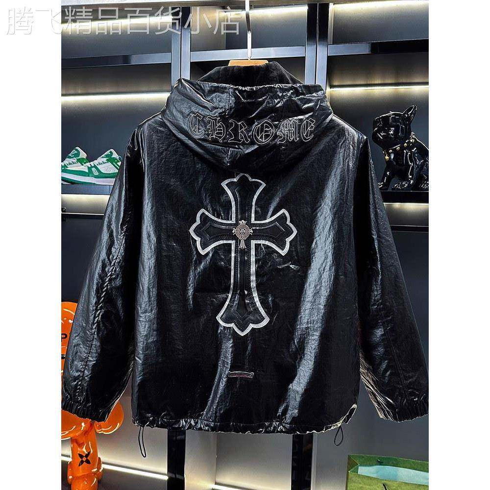 潮牌休闲机车服百搭刺绣外套男士秋季新款欧洲站时尚连帽皮衣夹克