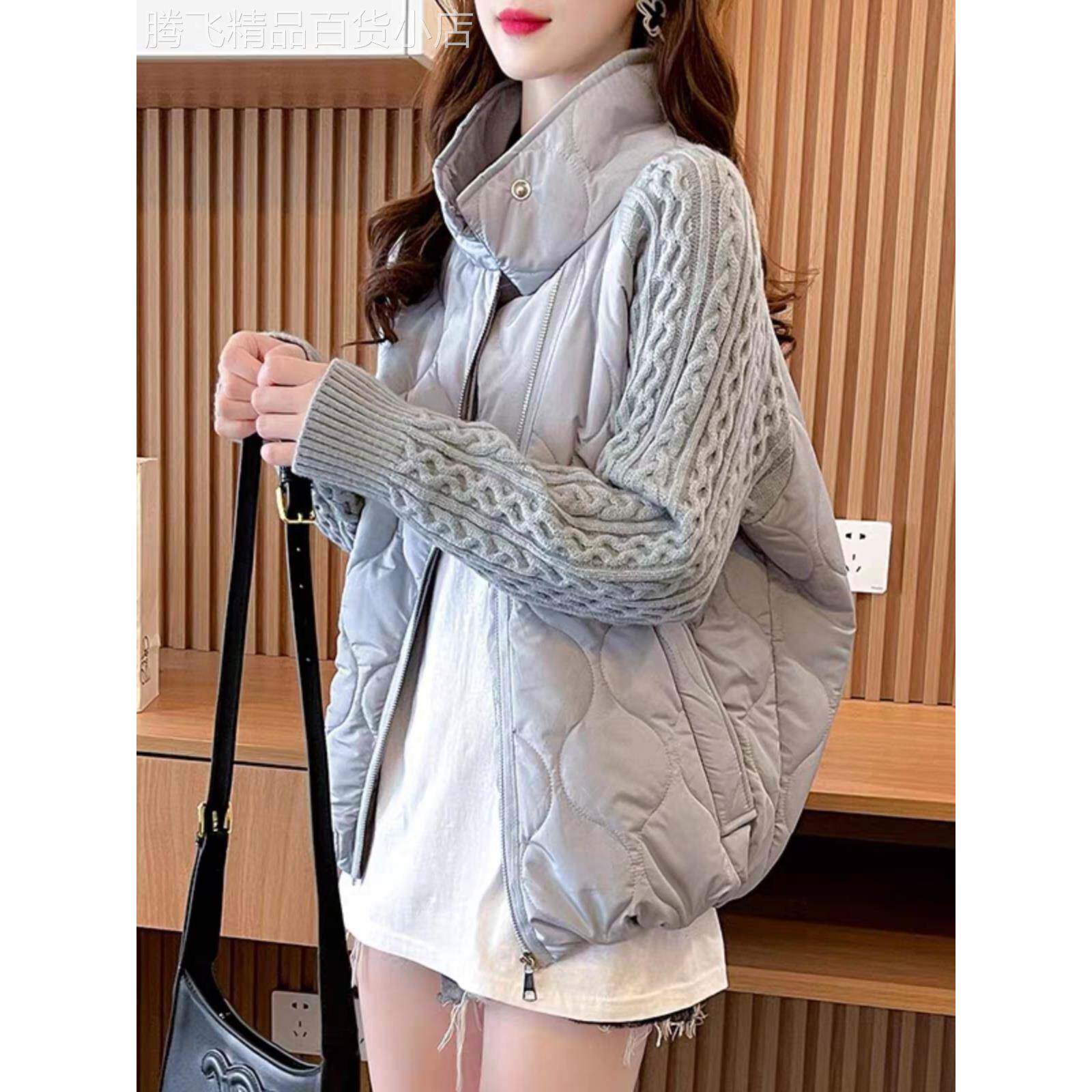 潮牌设计感拼接针织短款棉衣外套女装2025秋冬新款宽松慵懒风开衫