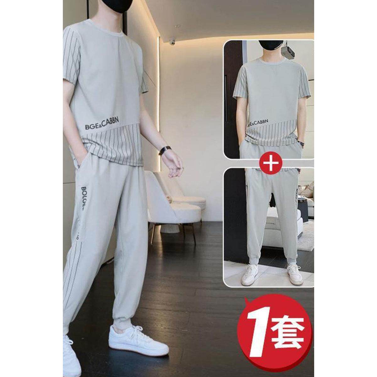 潮牌夏季新款冰丝短袖t恤衫男士搭配一套半袖运动休闲长裤子套装