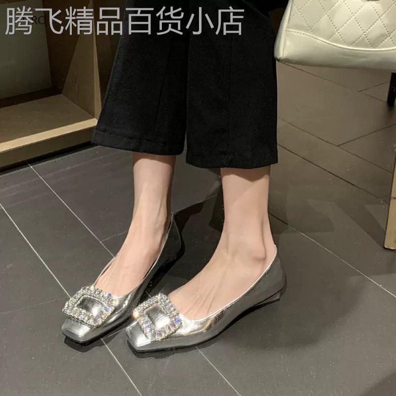 真皮银色水钻方扣单鞋女2026新款法式不累脚平底鞋通勤软底工作鞋