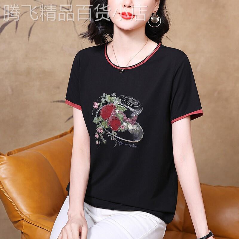 黑色莫代尔刺绣上衣女夏季2026新款中年妈妈洋派亮片印花短袖T恤