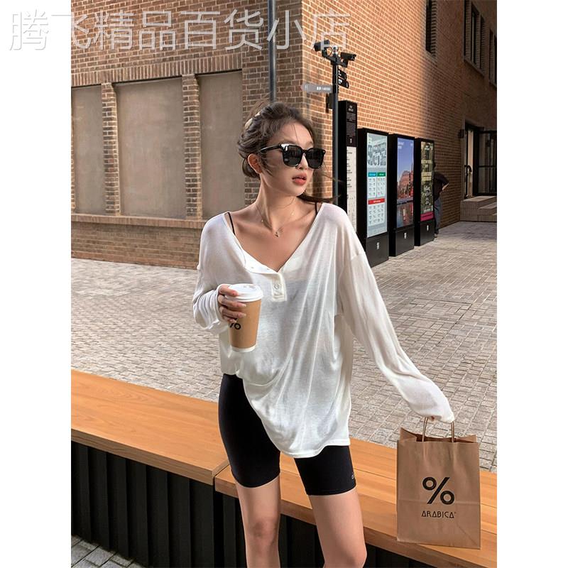 白色慵懒松弛感白色长袖T恤女夏季欧货时尚宽松显瘦防晒罩衫上衣