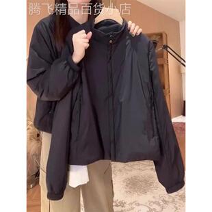 黑色羽绒棉服女秋冬季2025新款大码宽松百搭棉衣棉袄开衫夹克外套
