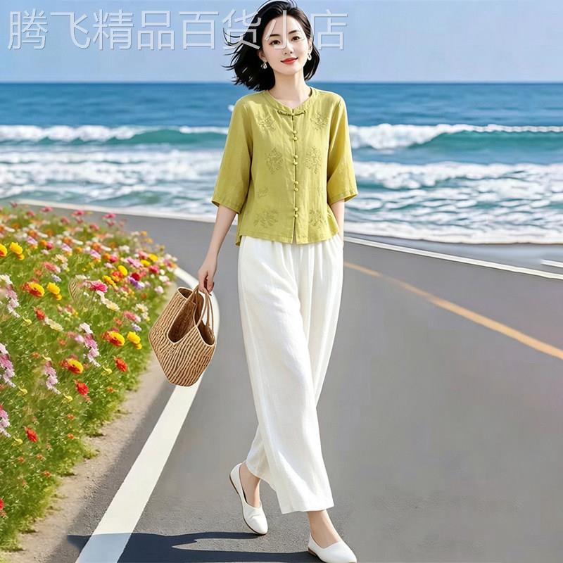 潮牌亚麻棉麻套装女士妈妈夏装大尺码显瘦洋派刺绣衬衫阔腿裤两件