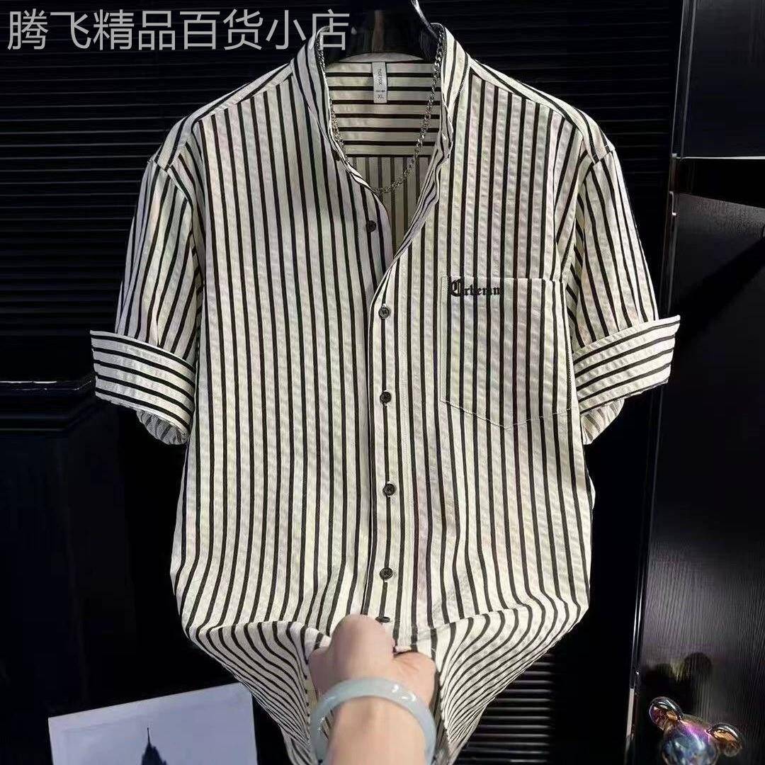 韩版条纹翻领衬衫男士夏季潮牌透气简约休闲半袖衬衣痞帅青年上衣