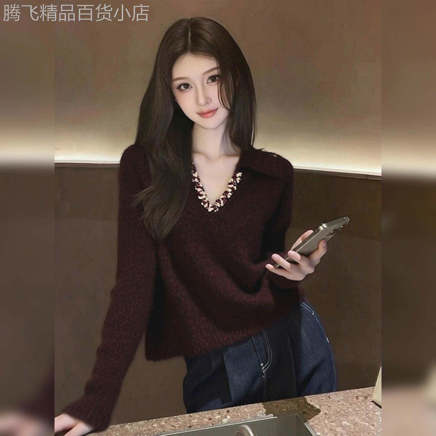 韩系氛围感暗红色V领长袖针织衫女2025秋冬新款宽松显瘦打底毛衣