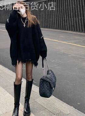 中长款黑色毛衣女秋冬欧货套头加厚毛线衣慵懒宽松松弛感针织上衣
