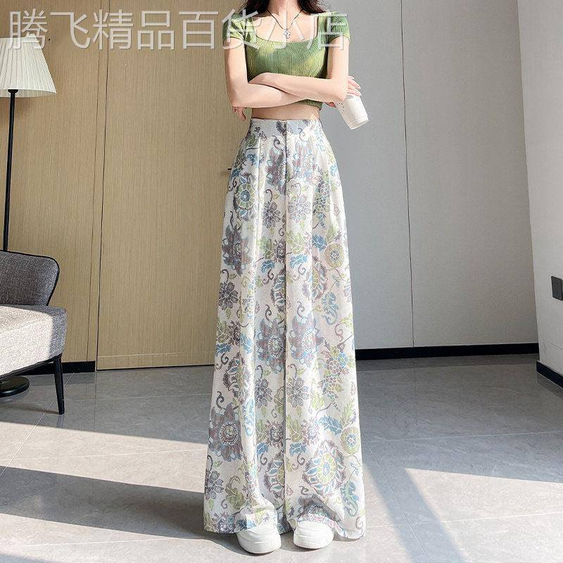 波西米亚民族风阔腿裤女2026年夏季新款高腰冰丝棉麻印花拖地长裤