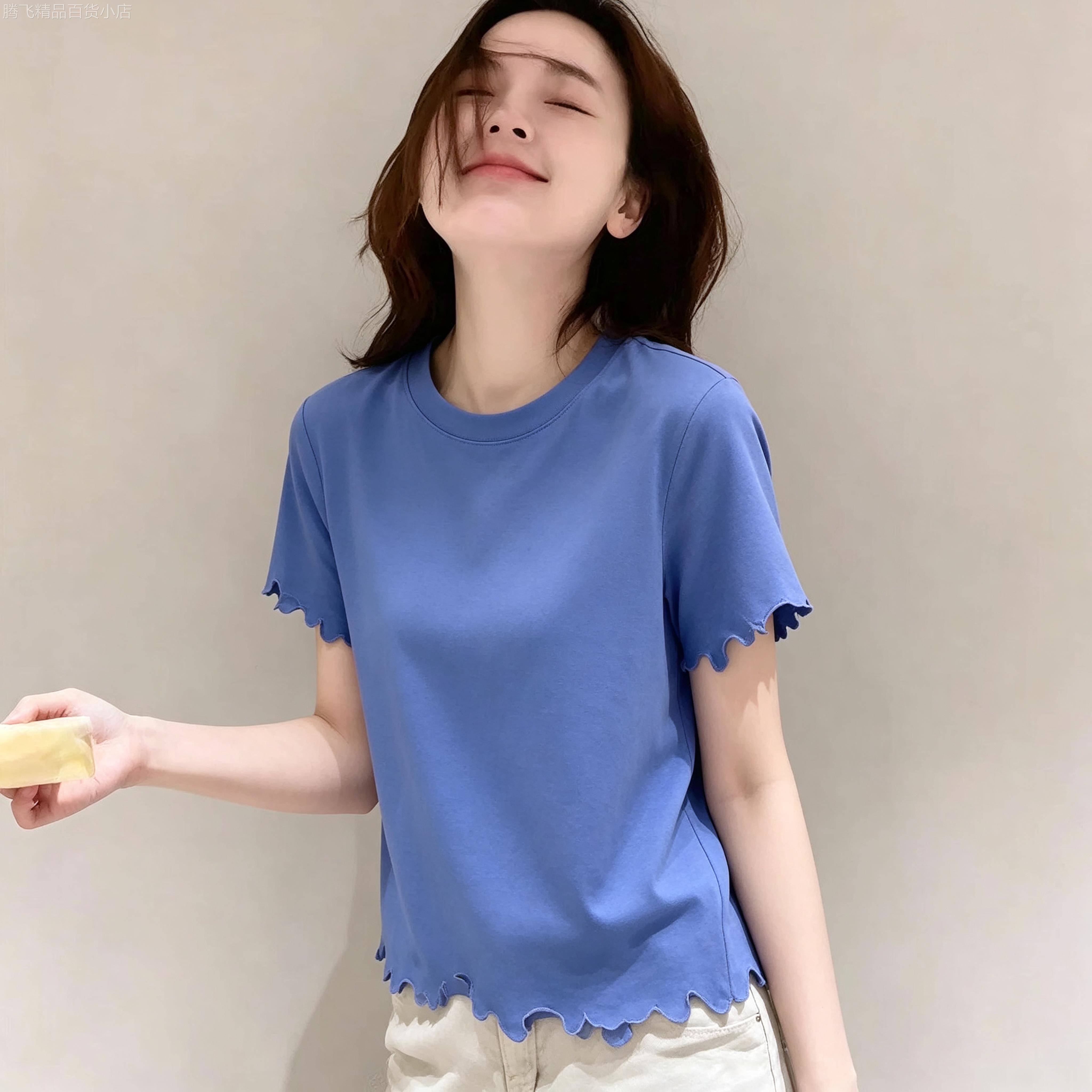 韩国设计感花瓣状短款蓝色短袖T恤女夏季新款时尚休闲超好看上衣