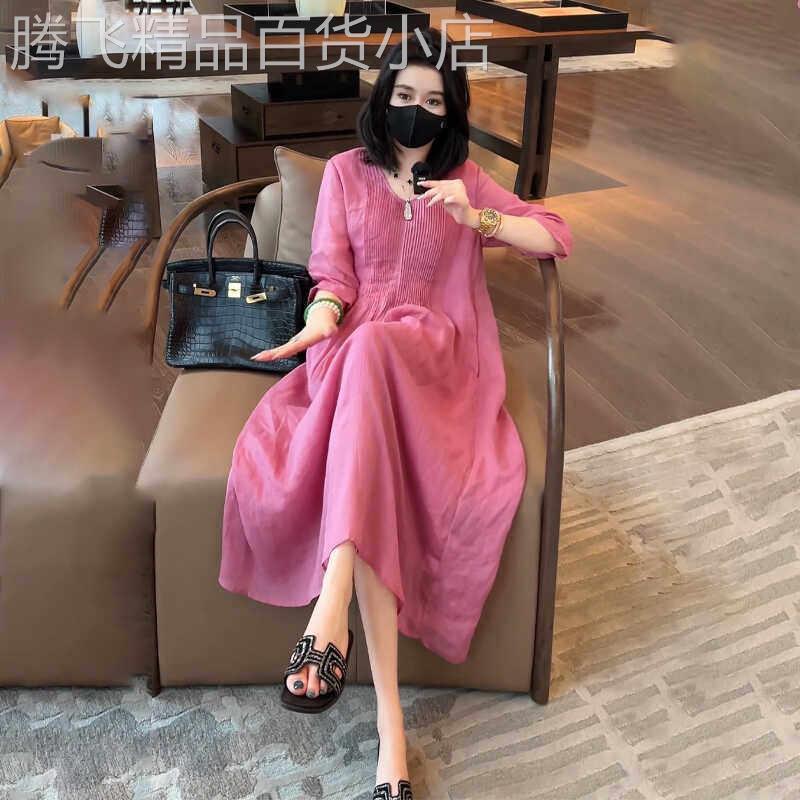 休闲短袖连衣裙女夏季新款时尚百搭度假风高端洋气女士中长款裙子