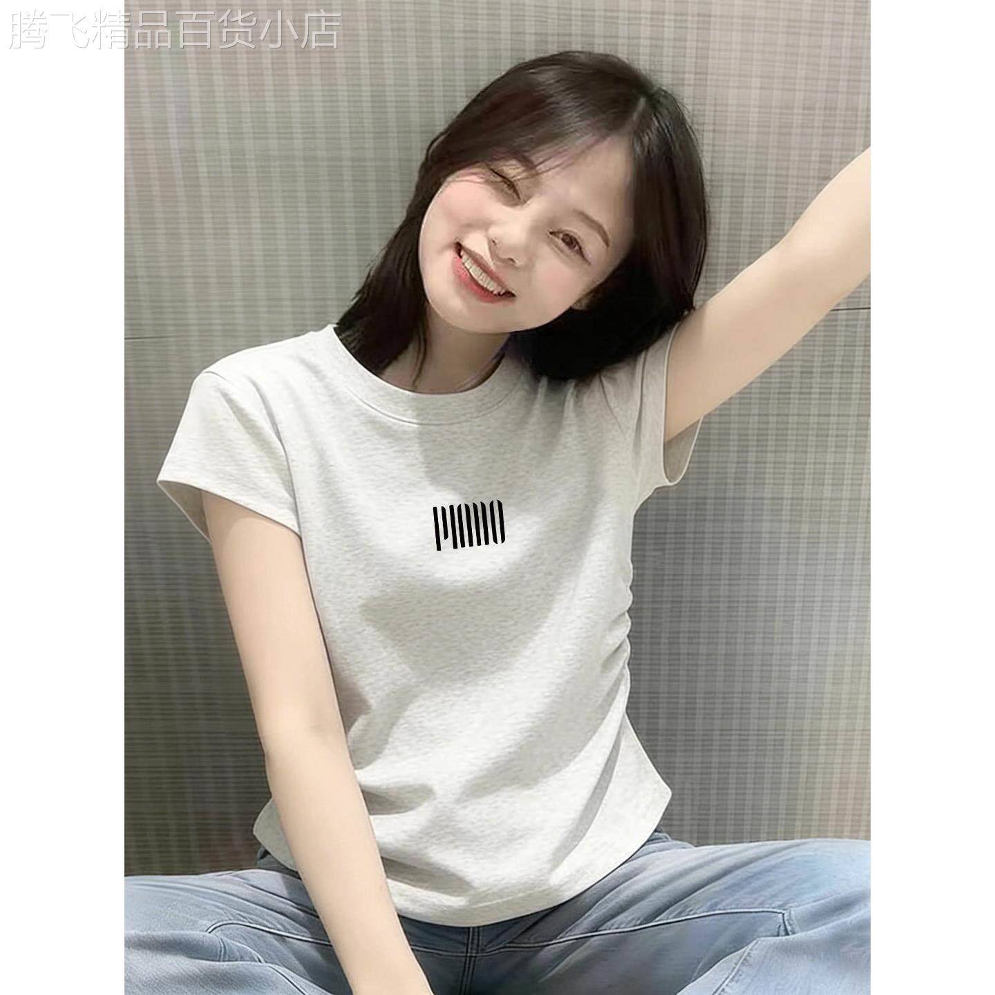 纯棉内搭简约时尚正肩圆领短袖T恤女夏季短款褶皱收腰修身小上衣