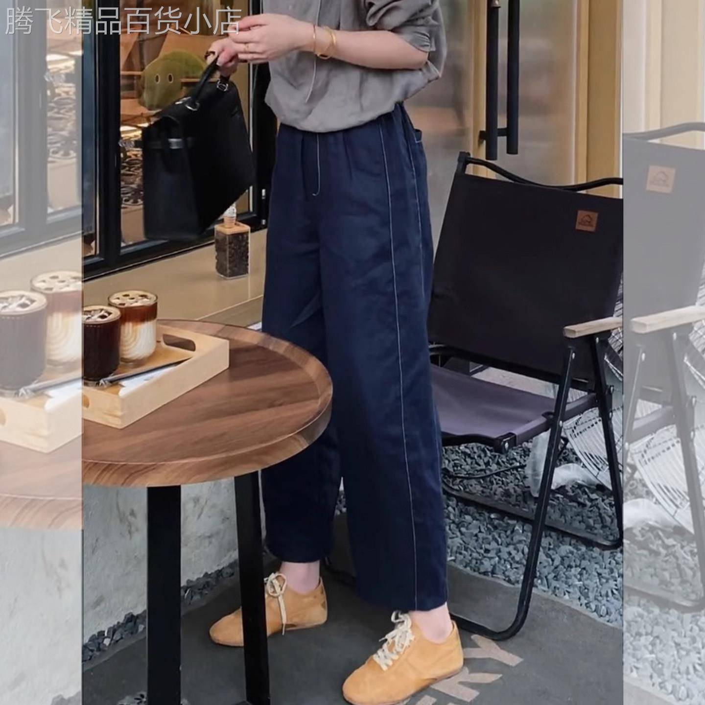 藏青色九分阔腿裤女早春新款高腰休闲垂感宽松显瘦运动窄版直筒裤