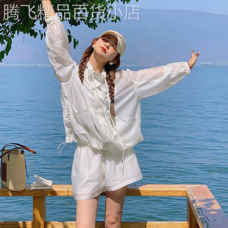 潮牌白色洋派防晒服套装女夏季超薄款长袖休闲外套阔腿短裤两件套