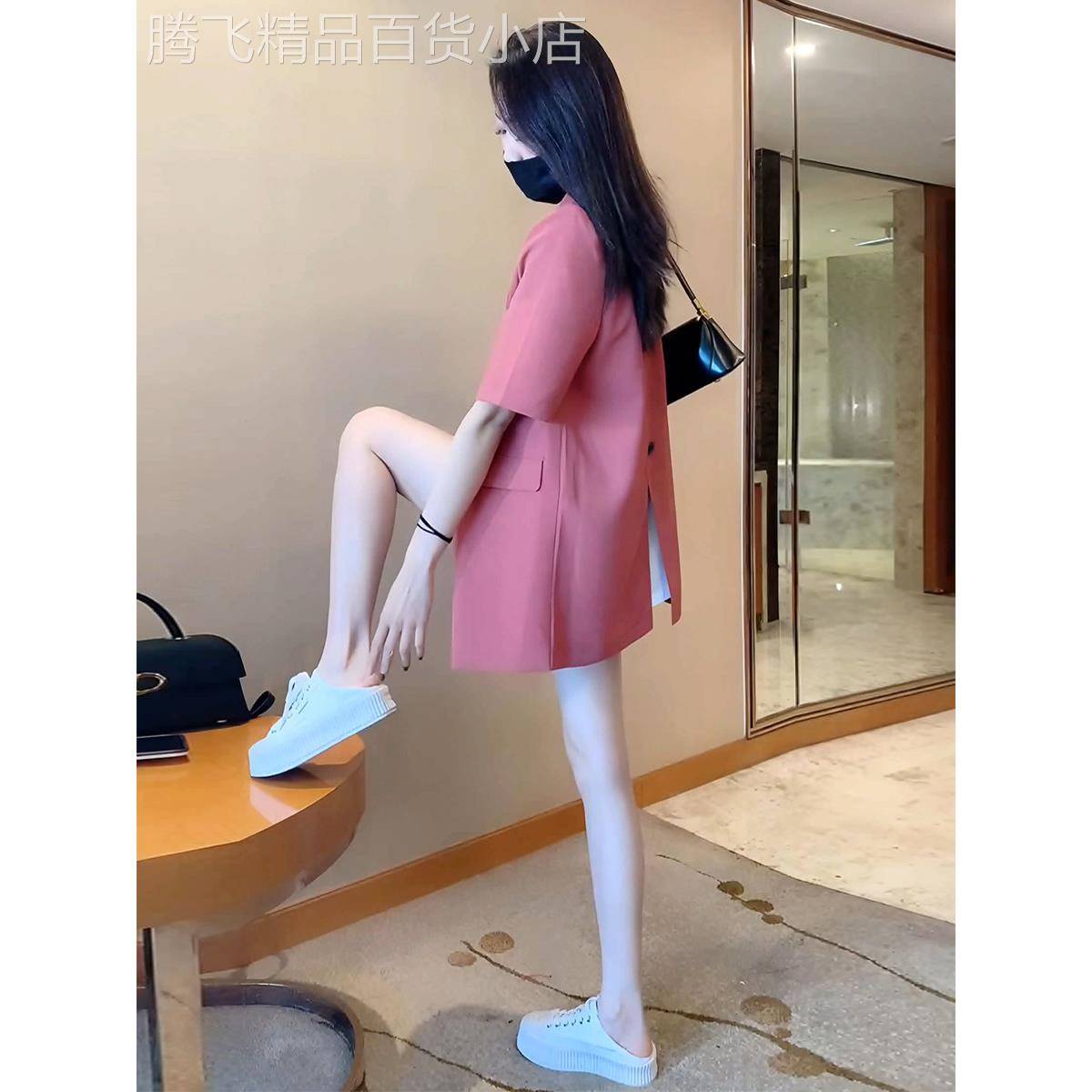 小香风粉色短袖西装外套女夏季欧货小个子中长薄款后背开叉小西服