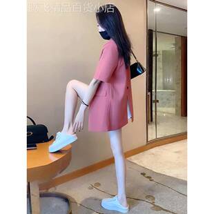 小香风粉色短袖西装外套女夏季欧货小个子中长薄款后背开叉小西服