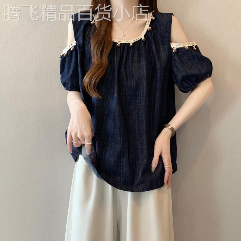 藏青色正肩短袖衬衫女2026夏大尺码胖mm波西米亚落肩娃娃衫露肩上