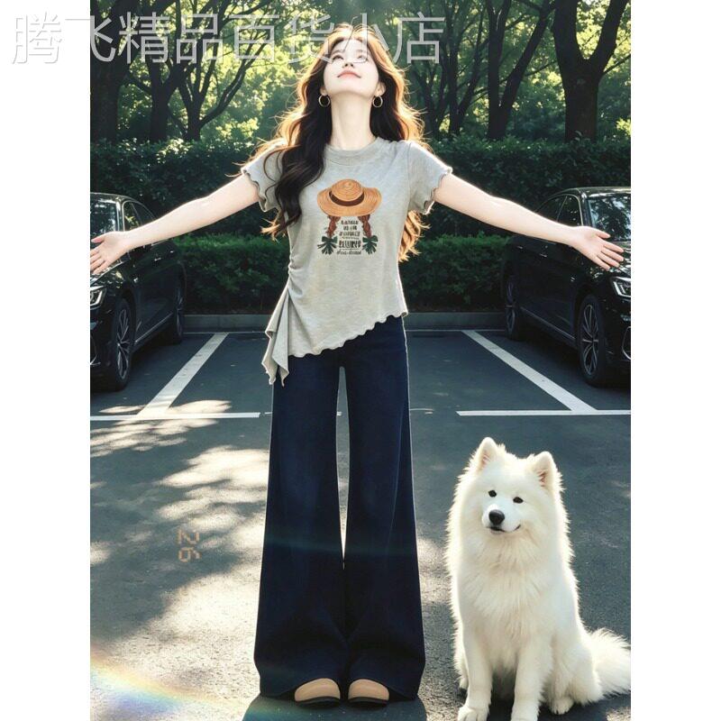 韩系浅灰印花不规则短袖t恤女2026新款夏季掐腰修身短款显瘦上衣图片