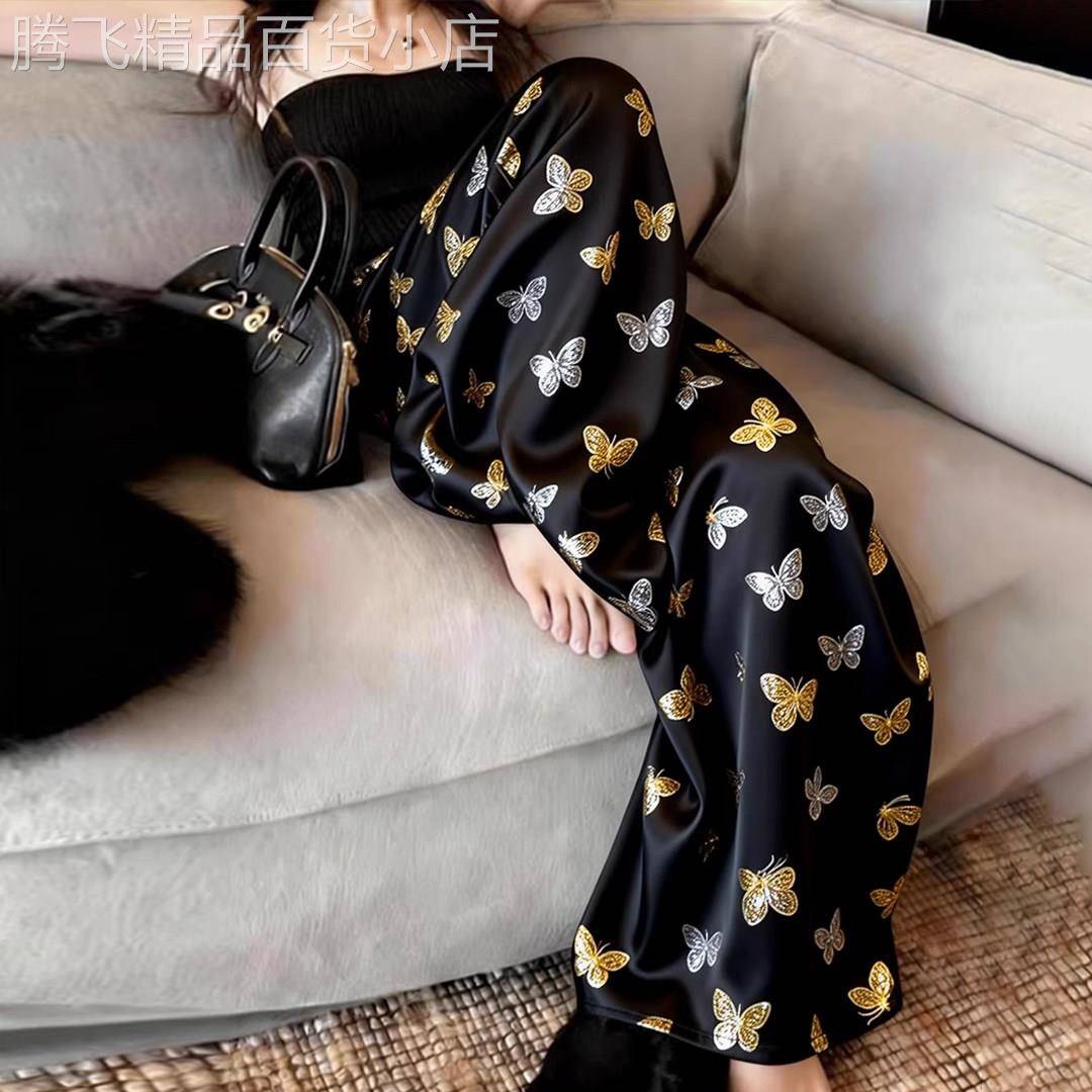 法式黑色蝴蝶印花阔腿裤女2026春季新款高腰显瘦宽松休闲薄款长裤