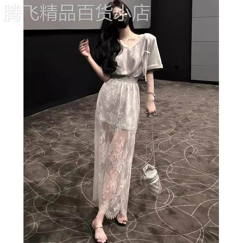 欧货时尚套装女夏季款灰色蝴蝶结短袖上衣后开叉蕾丝半身裙两件套