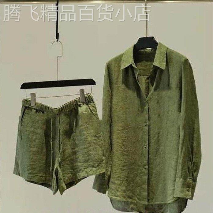 男款复古老钱风绿色亚麻套装夏轻薄透气防晒衬衫短裤简约两件套