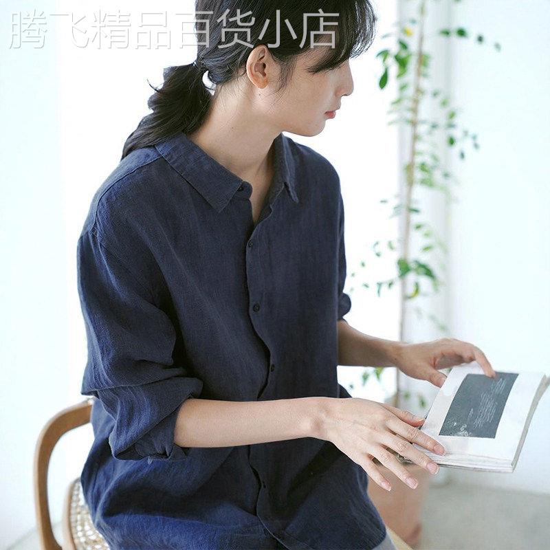 藏青色棉麻衬衫女春秋2026新款宽松慵懒复古文艺纯棉长袖衬衫上衣