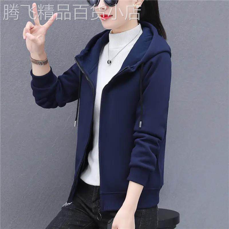 时尚加绒卫衣外套女士秋冬短款2026新款休闲连帽开衫妈妈运动上衣