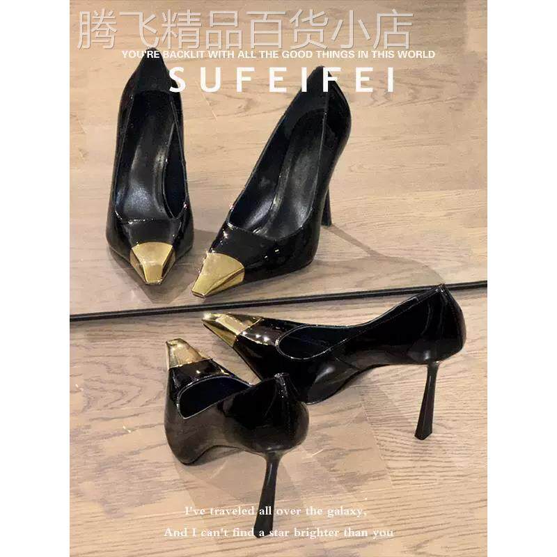 QVU-专柜品质！新款金属铁头黑色女配大衣气质职业细跟高跟女士鞋