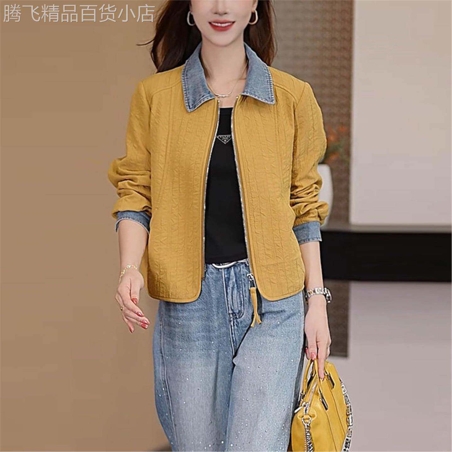 牛仔拼接翻领短外套女春秋季薄款2026新款小个子休闲拉链夹克上衣