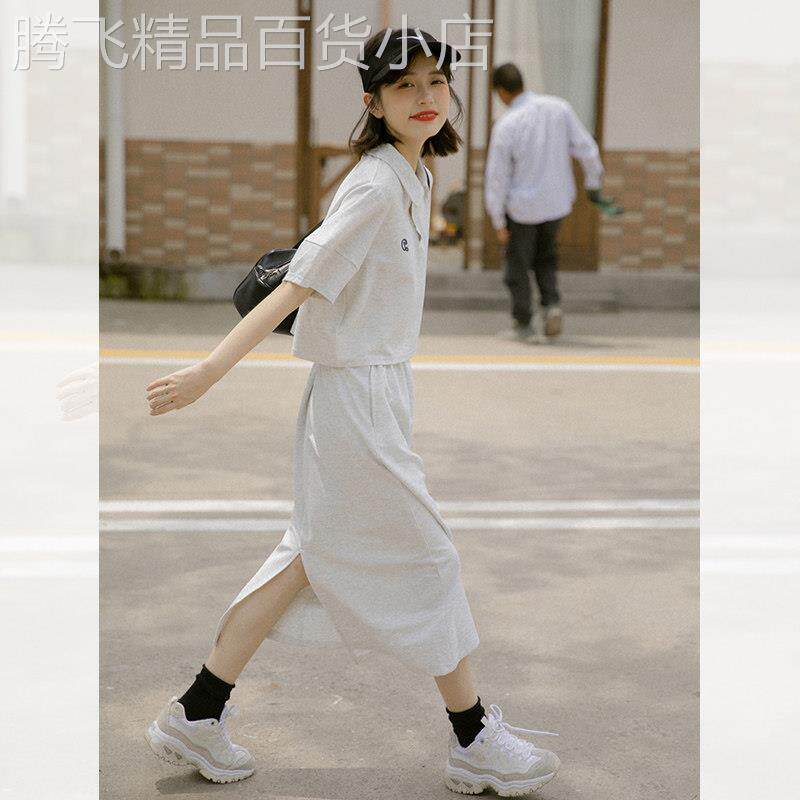 学院风休闲运动套装女夏季小个子网红polo短袖上衣半身长裙两件套