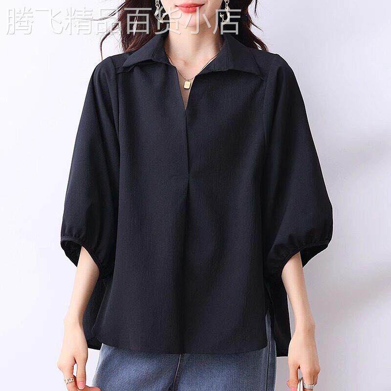 黑色翻领七分袖衬衫女春秋装新款时尚休闲洋气百搭高级感衬衣上衣