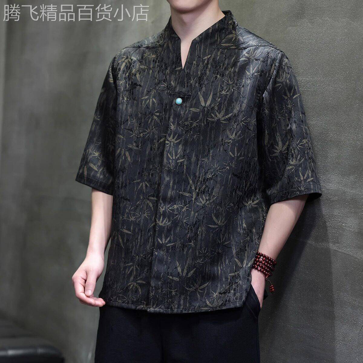高端中国风五分袖衬衫男夏季薄款新中式复古宽松短袖唐装男士衬衣