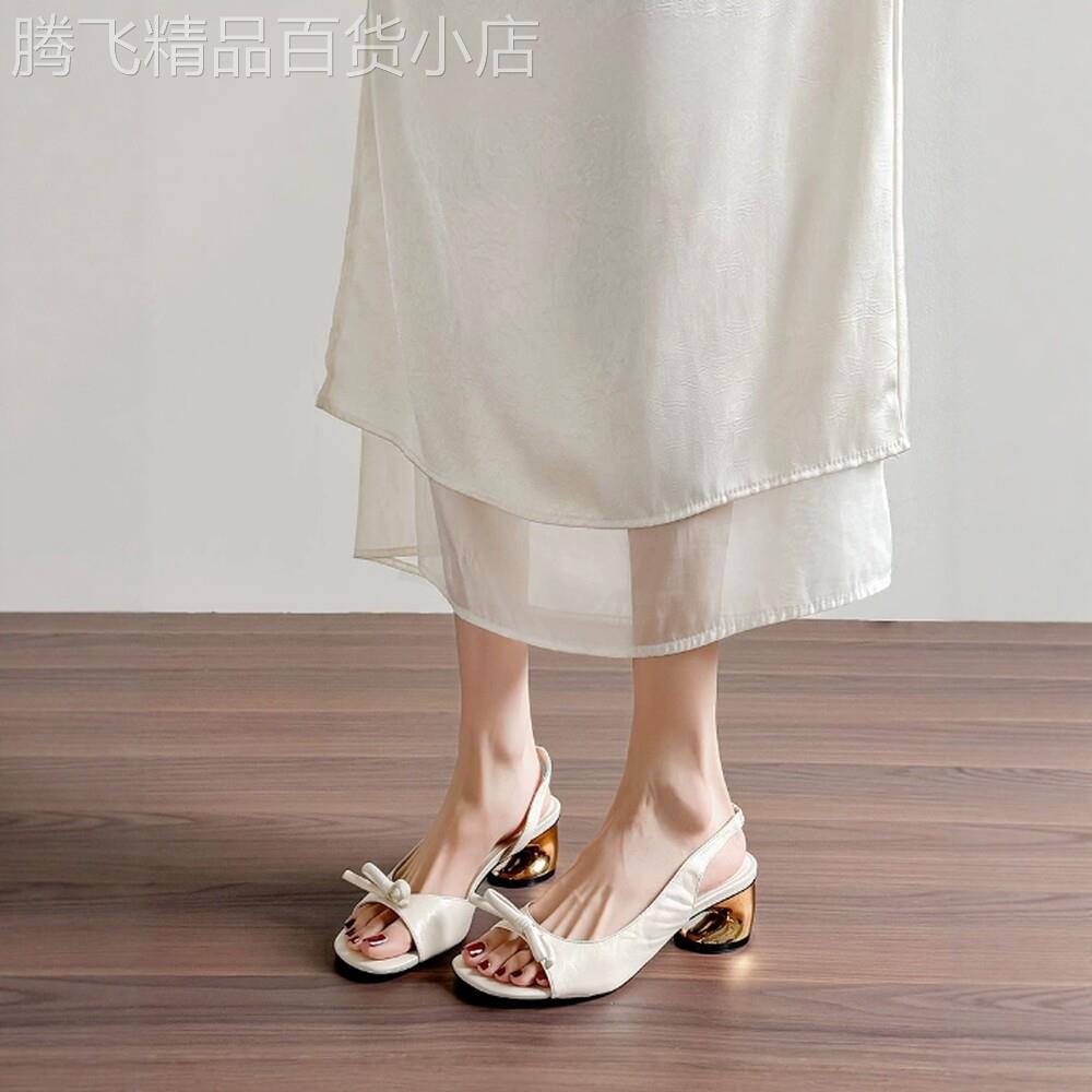 香港真皮~复古粗跟蝴蝶结露趾凉鞋女夏新款配裙子绝美法式高跟鞋