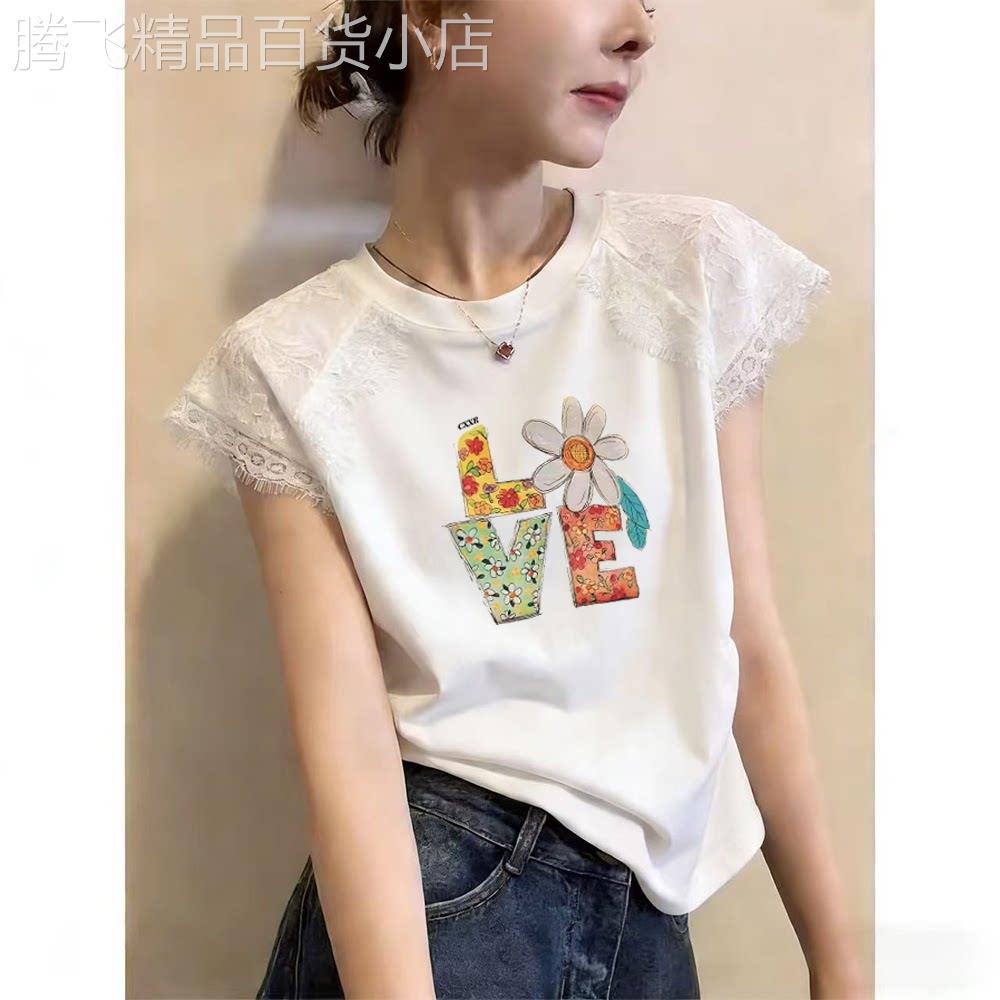 蕾丝拼接圆领短袖T恤女夏季2026新款爆款褶皱收腰荷叶袖短款上衣