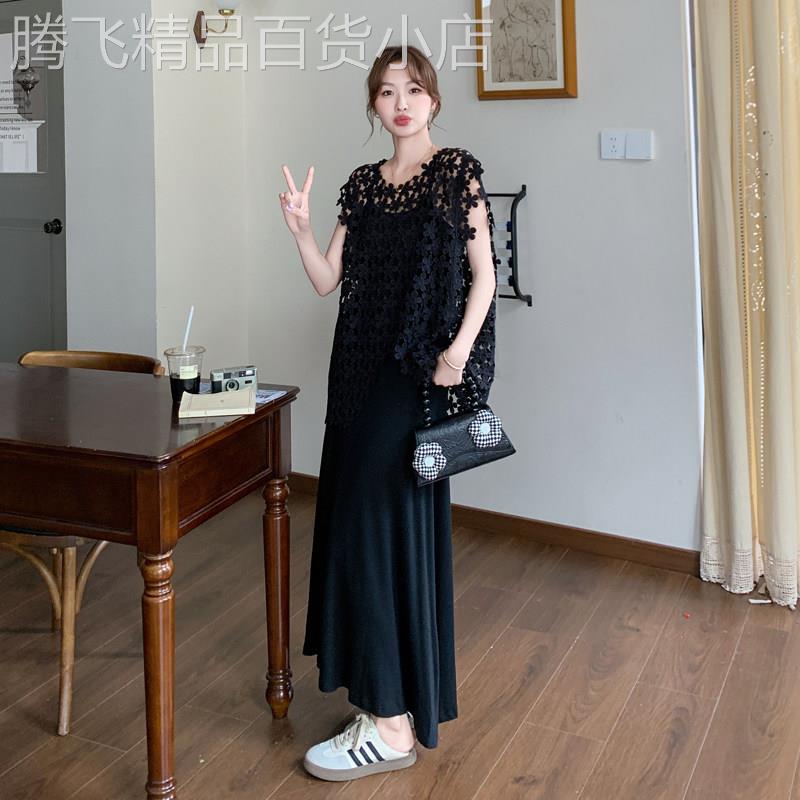 法式高级感黑色洋装套装2026夏季气质镂空花朵罩衫针织吊带长裙