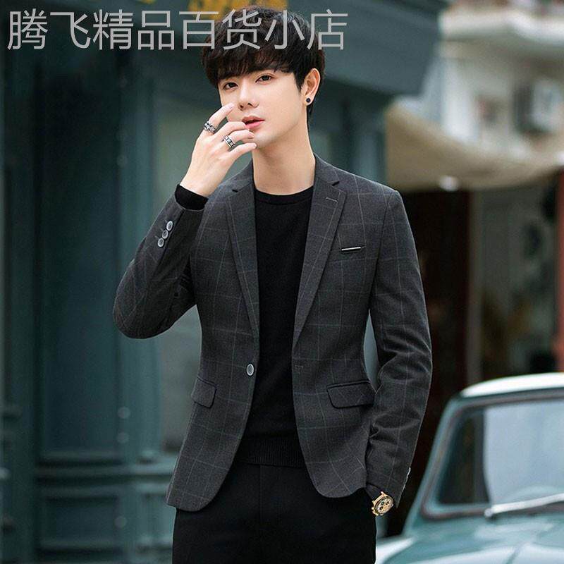 MK休闲西服男春季韩版潮流格子小西装外套商务英伦风修身两件套潮