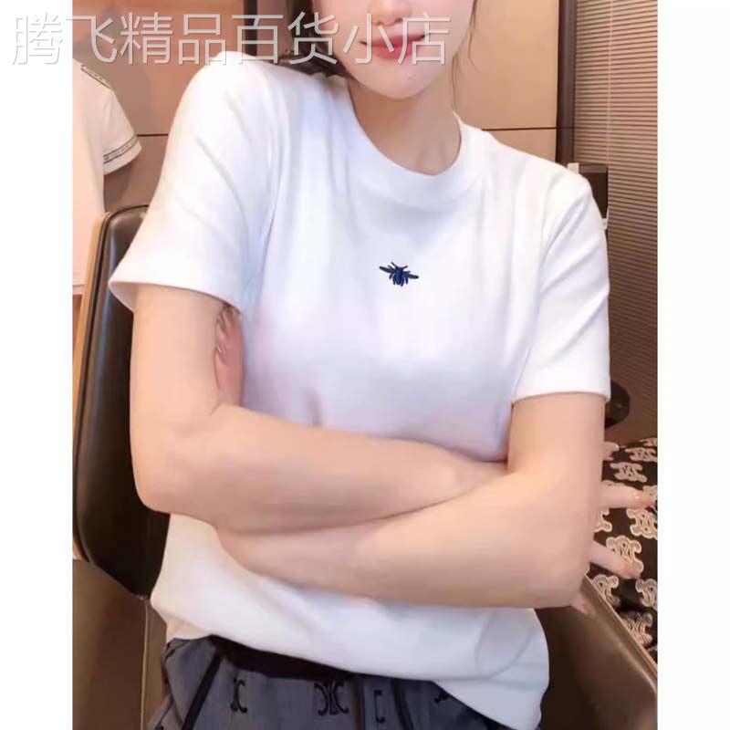 白色刺绣短袖T恤女士夏季欧货圆领纯棉正肩上衣后背印花修身T恤