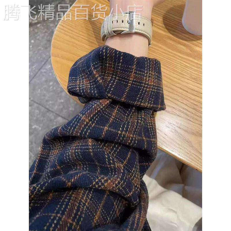 藏蓝色加厚格子毛呢衬衫外套女秋冬欧货宽松休闲慵懒风中长款衬衣